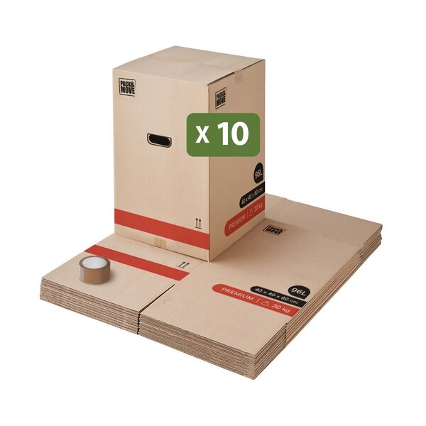 Pack and Move - Lot 10 Cartons Déménagement Premium - 40 X 40 X 60 Cm - Résistance 30 KG - Double Épaisseur - Poignées Renforcées - 1 Adhésif Offert