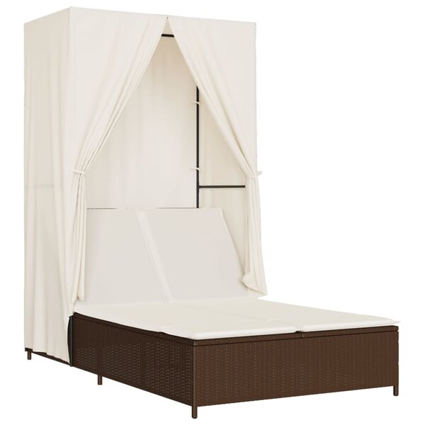 vidaXL Chaise longue double avec toit et rideaux marron résine tressée