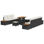 Ensemble canapé jardin 10 pièces avec coussins noir  rattan poly et acacia