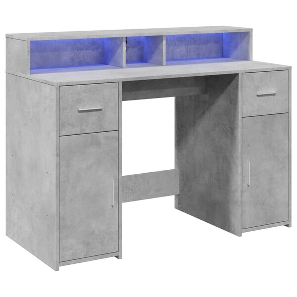 Bureau table poste de travail meuble d'ordinateur informatique étude et lumières LED 120 x 55 x 91cm bois d'ingénierie gris 02_0023797