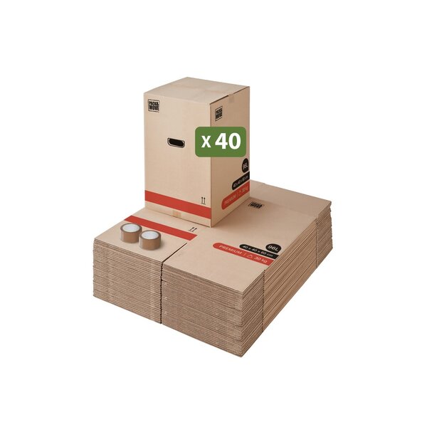 Pack and Move - Lot 40 Cartons Déménagement Premium - 40 X 40 X 60 Cm - Résistance 30 KG - Double Épaisseur - Poignées Renforcées - 2 Adhésifs Offerts