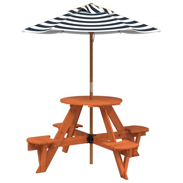 vidaXL Table de pique-nique pour 4 enfants avec parasol rond sapin