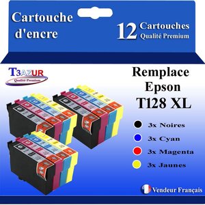 T3AZUR- 12x Cartouches Compatibles avec Epson T1281 T1282 T1282 T1284 remplace Epson Stylus Office BX305F BX305FW BX-305F BX-305FW