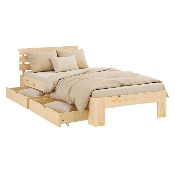 Lit en Bois 90x200 cm Naturel avec Matelas - 2 Tiroirs