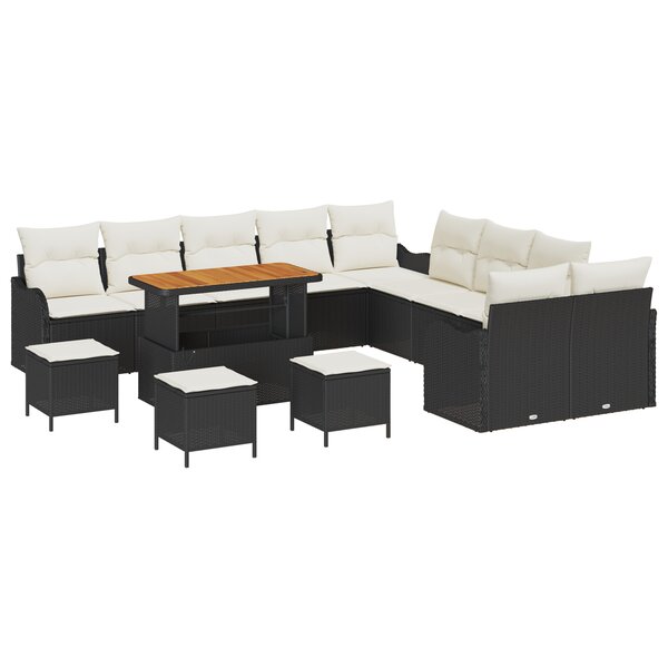 Ensemble de canapé de jardin 14 pièces avec coussins en rotin synthétique noir et acacia