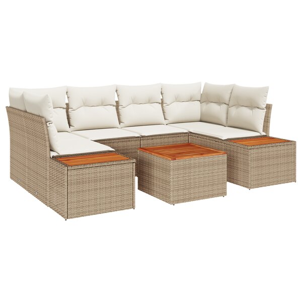 vidaXL Ensemble de canapé de jardin 7 pièces avec coussins Beige Poly Rattan Acacia