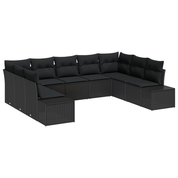 vidaXL Set de jardin 9 pièces avec coussins - Rattan Noir