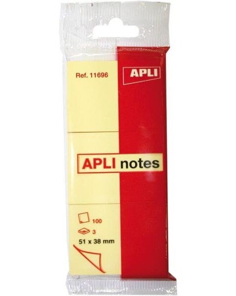3 blocs 100 notes adhésif repositionnable 38 x 51 mm APLI