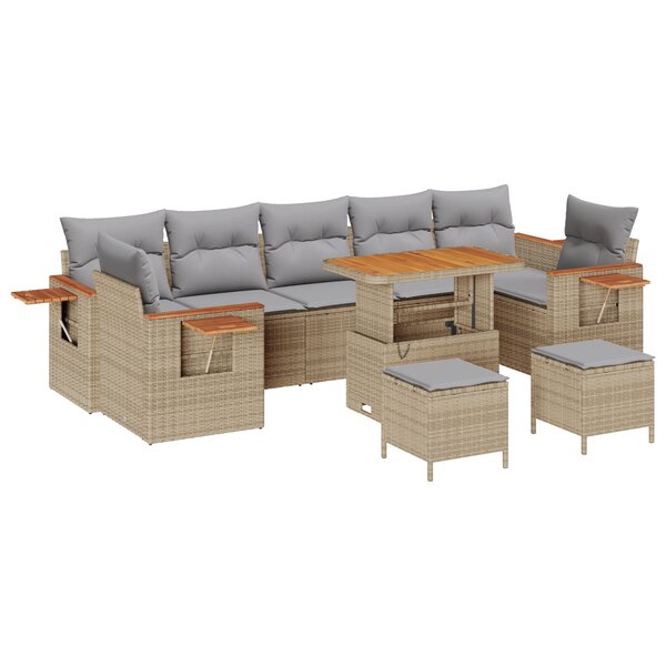 vidaXL Ensemble de Canapés de Jardin de 10 Pièces avec Coussins Beige Poly Rattan Acacia