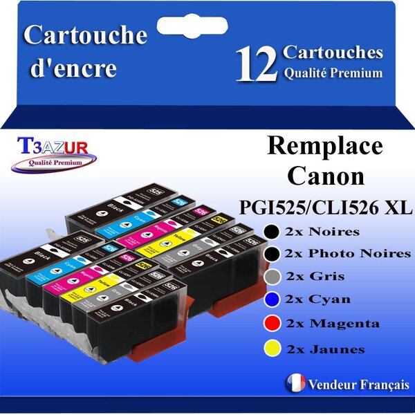 T3AZUR - 12x Cartouches compatibles avec Canon PGI525 CLI-526 XL pour Canon Pixma iP3600 iP4600 iP4700 MP540 MP550 MP560