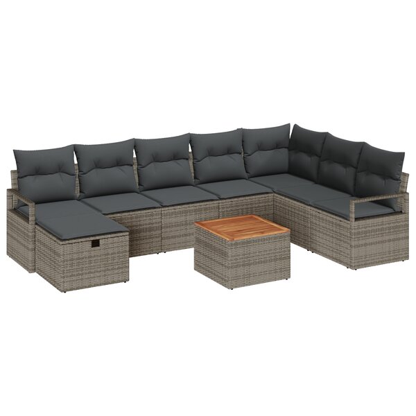 Ensemble de canapés de jardin 9 pièces avec coussins gris en rattan synthétique