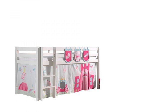 PINO Lit sureleve  90x200cm avec sommier Blanc +Rideau de lit Princess + 3 pochettes