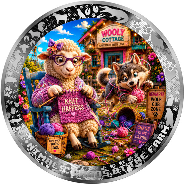 Monnaie KNIT HAPPENS AGAIN AI-NIMALS Chaos at the Farm 1 Oz Argent 1000 Francs Cameroon 2026