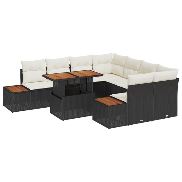 Ensemble de canapé de jardin 9 pièces avec coussins noirs en poly rattan