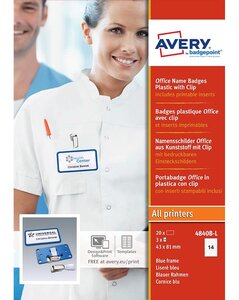 4840B-L - 20 badges Office bleus avec clip de suspension métal – 37 x 75 mm AVERY