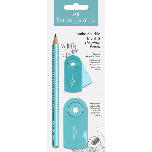 Kit d'écriture Jumbo GRIP Crayon  gomme  Taille Crayons SPARKLE Pearl turquoise FABER-CASTELL