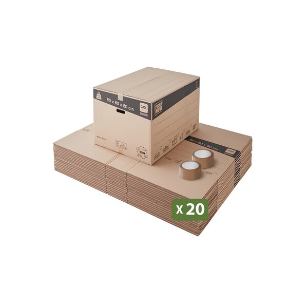 Pack and Move - Lot 20 cartons déménagement XXL - 80 x 60 x 50 cm - Poignées renforcées - 2 adhésifs offerts