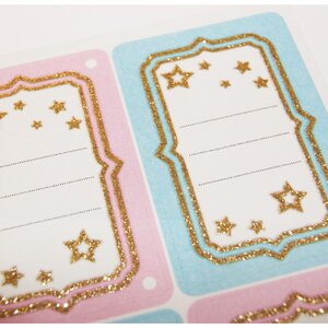 16 étiquettes adhésives scolaires - Rectangle - Rose et bleu - Paillettes et étoiles