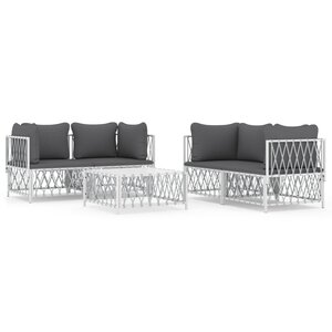 Salon de jardin meuble d'extérieur ensemble de mobilier avec coussins 5 pièces blanc acier 02_0018304