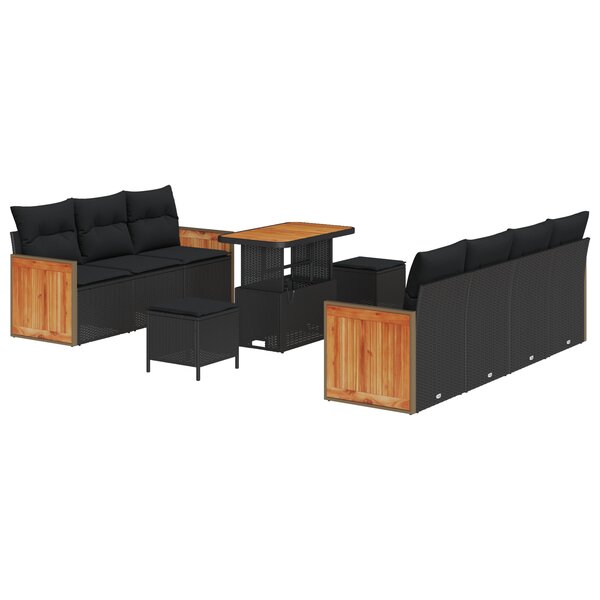 Ensemble de Canapé de Jardin 10 pièces avec Coussins Noir Poly Rattan Acacia