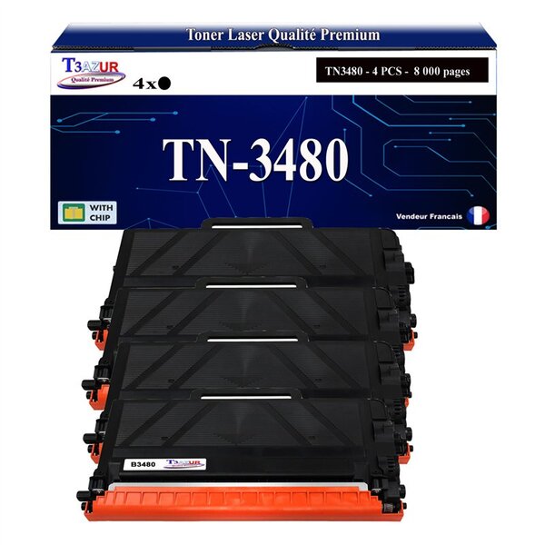 T3AZUR- 4x Toners compatibles avec Brother TN3480  TN3430 pour Brother HL-L6300DW  HL-L6300DWT  HL-L6400DW  HL-L6400DWT  HL-L6400DWTSP  HL-L6400DWTT  HL-L6450DW- 8 000 pages