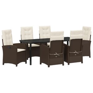 vidaXL Set de dîner de jardin de 7 pièces avec coussins marron en rattan poly