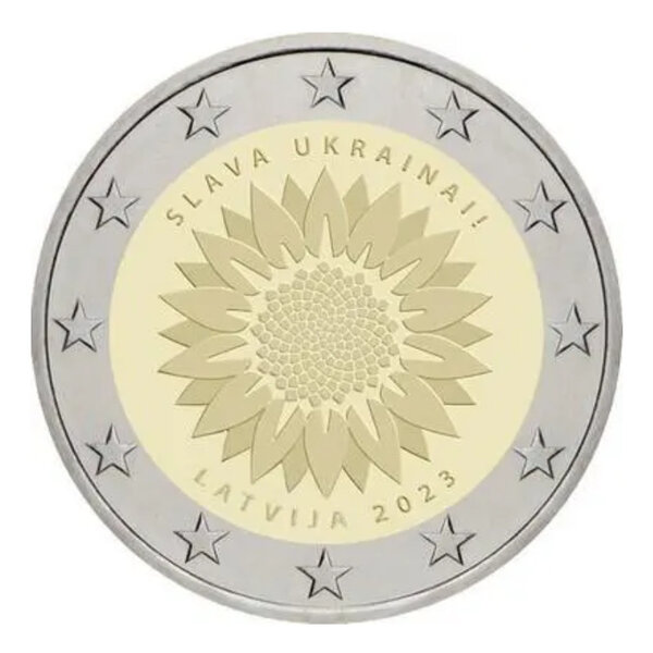 2 euros commémorative Lettonie 2023 - Tournesol pour l'Ukraine.
