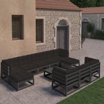 vidaXL Salon de jardin 11 Pièces avec coussins Noir Bois de pin massif