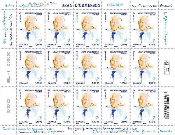 Feuille de 15 timbres - Jean d'Ormesson (1925-2017) - Lettre verte