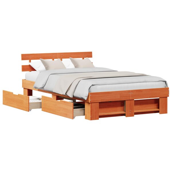 vidaXL Cadre de lit avec tête de lit Brun cire 135 x 190 cm Pin massif