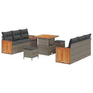 vidaXL Ensemble de Canapé de Jardin 9 Pièces avec Coussins Gris Rotin Poly Acacia