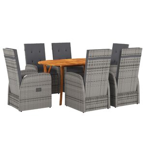 vidaXL Ensemble de Salle à Manger de Jardin de 7 Pièces avec Coussins Gris Poly Rattan Acacia