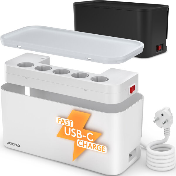 ACROPAQ Boite Cache Cable Cache multiprise - Avec multiprise intégrée  USB-C  USB-A  Boîte de Rangement pour Câble - Blanc