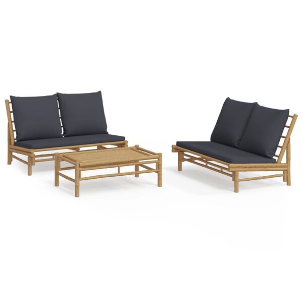vidaXL Salon de jardin 3 Pièces avec coussins gris foncé bambou
