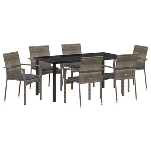 vidaXL Ensemble de repas de jardin 7 pièces avec coussins gris en poly rattan