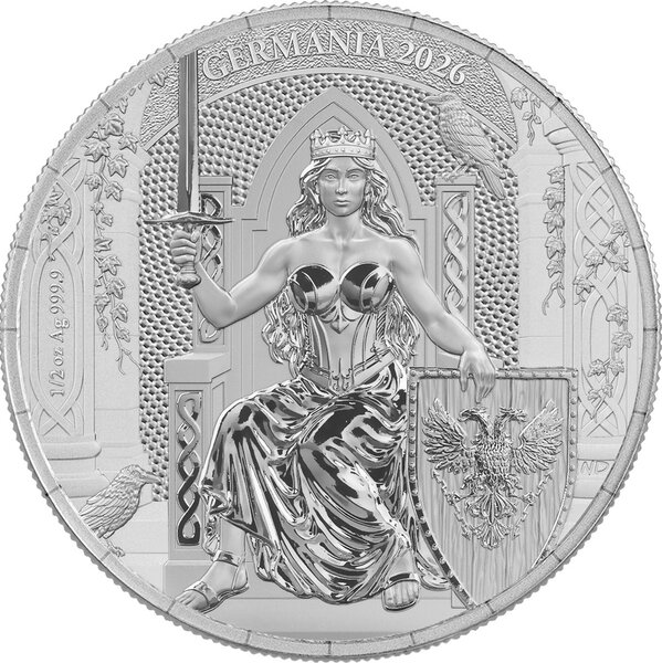 Monnaie GERMANIA Queen on the Throne 1/2 Oz Argent 4 Mark Germania 2026 (PRÉCOMMANDE)