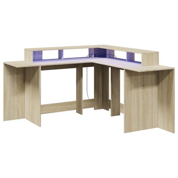 Bureau table poste de travail meuble d'ordinateur informatique étude avec lumières LED chêne sonoma bois d'ingénierie brun 02_0023423