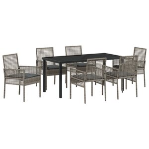 vidaXL Ensemble de Salle à Manger de Jardin 7 Pièces avec Coussins Gris Poly Rattan