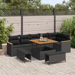 Ensemble de canapés de jardin 9 pièces avec coussins noirs en poly rattan et acacia