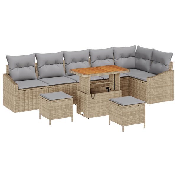 vidaXL Ensemble de Canapé de Jardin 9 Pièces avec Coussins Beige Poly Rattan Acacia