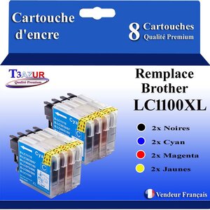T3AZUR- Lot de 8 Cartouches compatibles avec Brother LC1100 XL pour Brother DCP535CN  DCP585CW  DCP595CN