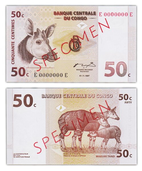Billet de collection 50 centimes 1997 congo - neuf - p84as specimen