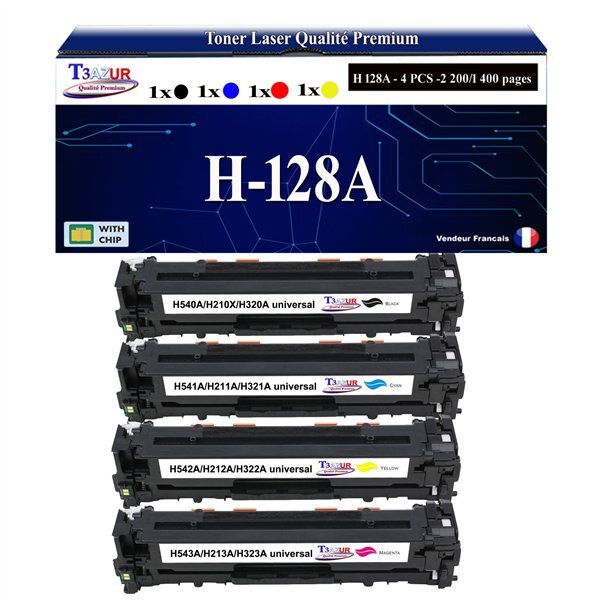 T3AZUR - 4x Toners compatibles avec 128A pour HP LaserJet Pro CP1525 CP1525 CP1525N CP1525NW CP1526NW CP1527NW CP1528NW - Magenta