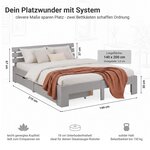 Lit double 140x200 cm gris en pin massif  2 tiroirs de rangement et sommier a lattes