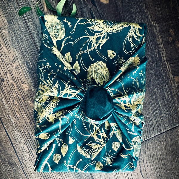 Papier Cadeau Réutilisable Emballage Furoshiki Coton Recyclé : La Danse d'artichaut  (Taille S) 35x35 cm Vert Sapin