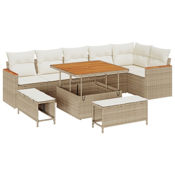 Ensemble de Canapé de Jardin 9 Pièces avec Coussins Beige Rattan Poly Acacia