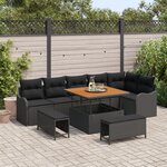 Canapé de jardin 9 pièces avec coussins noir poly rotin
