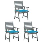 vidaXL Chaises à manger d'extérieur lot de 3 et coussins Acacia massif