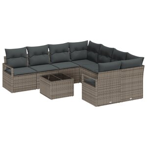 Canapé de Jardin 9 Pièces avec Coussins Gris Rattan Poly