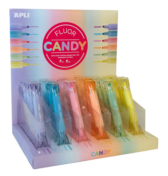 Présentoir Apli de Surligneurs Fluorescents en Forme de Bonbon - Double Pointe : Plate 5mm et Ronde 2mm - 6 Couleurs Fluor - 36 Marqueurs (6 par Couleur)